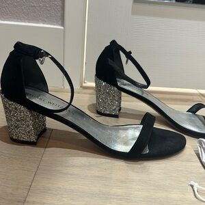 Stuart Weitzman black suede sandals with silver glitter block heel